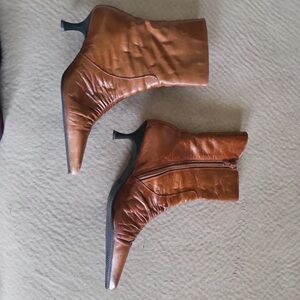 MIA Cognac Leather Pointed-Toe Ankle Booties with Kitten Heel